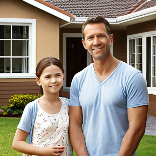 Home 4 **
A family looking relieved and secure, standing in front of their home. In the background, a subtle image representing various types of insurance policies (life, health, home, auto) is visible. The overall tone is positive and emphasizes financial security and peace of mind.
**