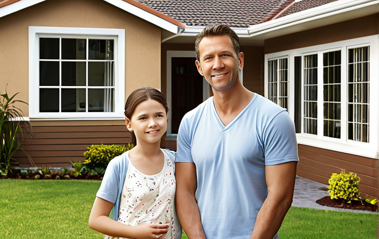 **
A family looking relieved and secure, standing in front of their home. In the background, a subtle image representing various types of insurance policies (life, health, home, auto) is visible. The overall tone is positive and emphasizes financial security and peace of mind.
**
