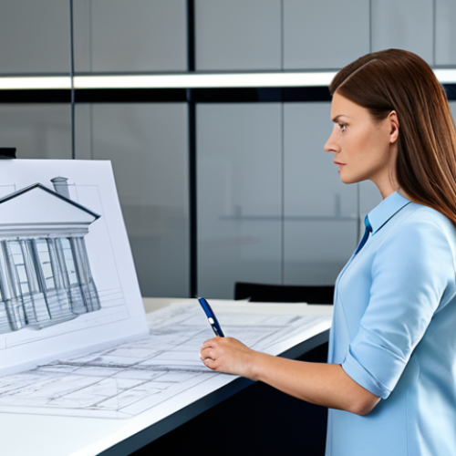 Home 9 A professional female architect in a modern office, fully clothed in a modest business dress, reviewing blueprints, appropriate attire, safe for work, perfect anatomy, natural proportions, professional setting, high quality.