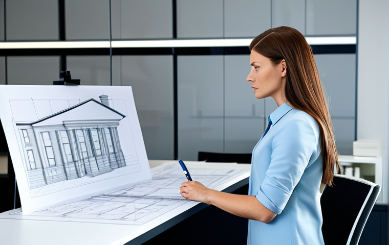 A professional female architect in a modern office, fully clothed in a modest business dress, reviewing blueprints, appropriate attire, safe for work, perfect anatomy, natural proportions, professional setting, high quality.